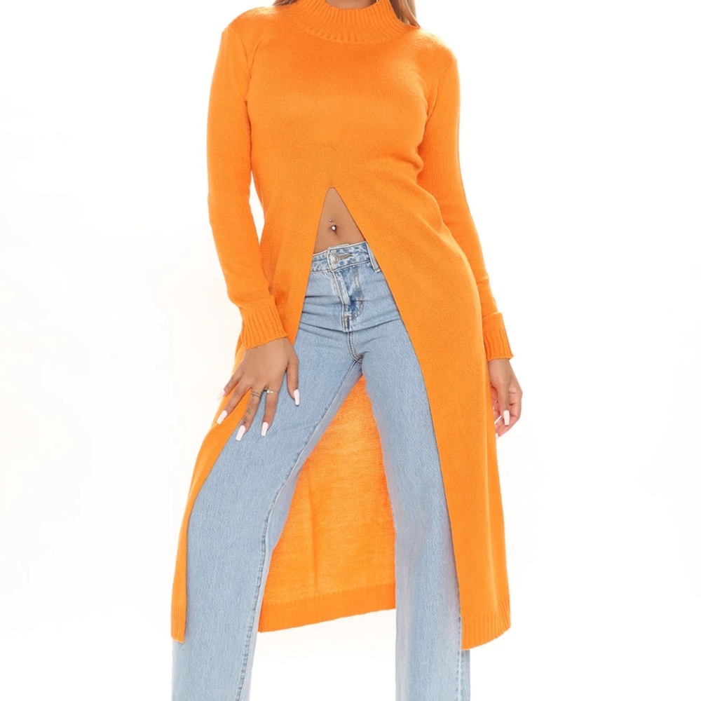 Orange slit sexy maxi turtleneck Long Sweater top dress